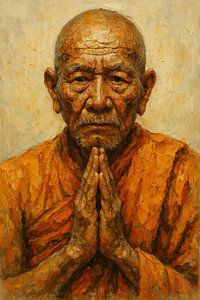 De ziel van toewijding (schilderij portret oude monnik namasté boeddhisme Nepal)