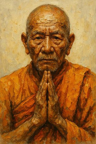 De ziel van toewijding (schilderij portret oude monnik namasté boeddhisme Nepal)