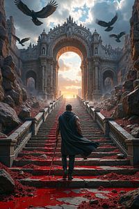 Dark Fantasy Wandbild: INFERYON – Ein Krieger steigt die Treppe aus der Hölle empor