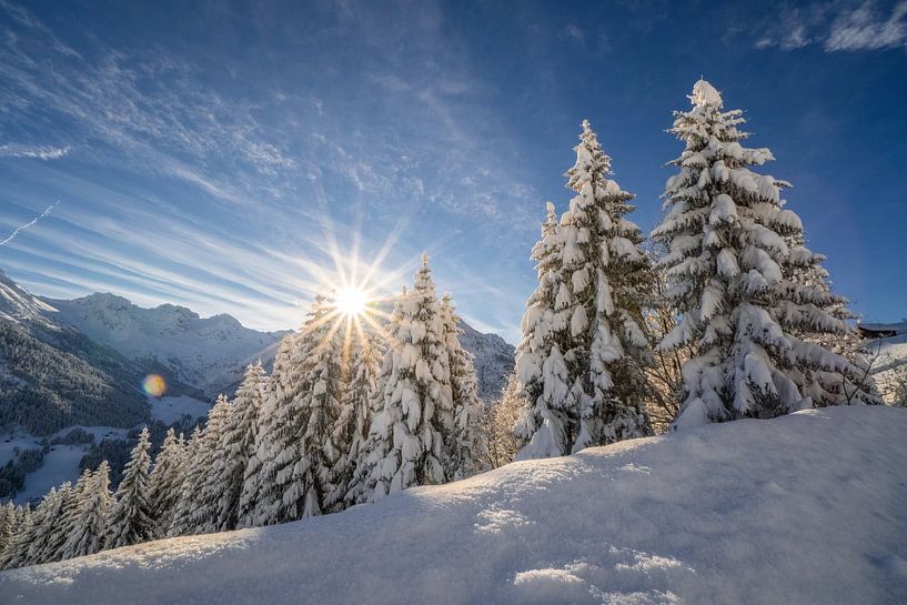 Zon en verse sneeuw in bergen van Oostenrijk van Ralf van de Veerdonk