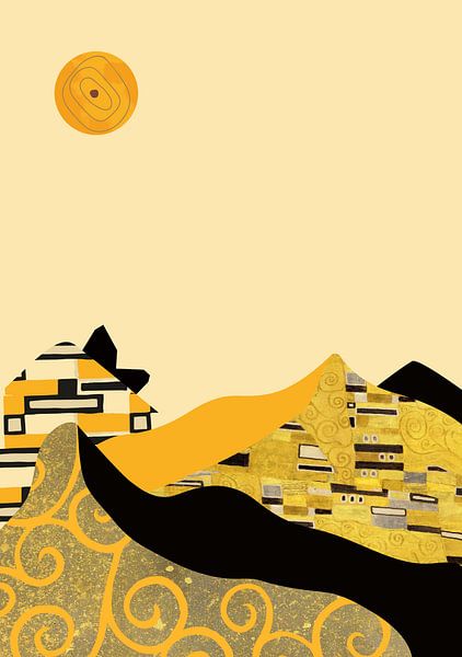 Mountain landscape - Klimt inspired on beige by Mad Dog Art