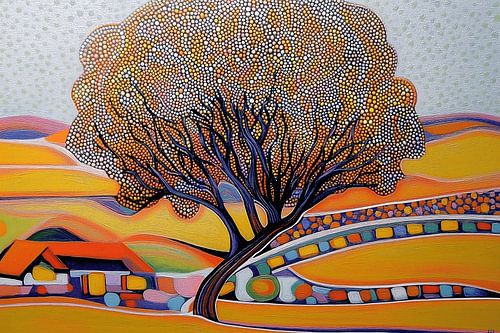 Kleurrijke boom in pointillistische stijl