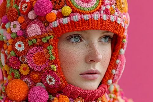 surrealist portrait woman with wool cap