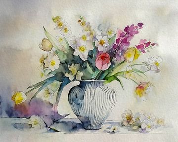 Pastellfarbenes Blumenbild: Frühlingsstrauß auf Vase. von Studio Pieternel