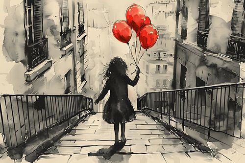 Représentation street art d'une jeune fille avec des ballons rouges