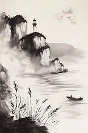 Landschaft mit Leuchtturm und Boot von Poster Art Shop