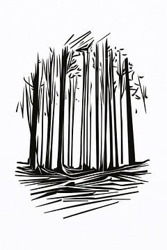 Minimalistische Schwarz-Weiß-Bäume Strichzeichnung von De Muurdecoratie