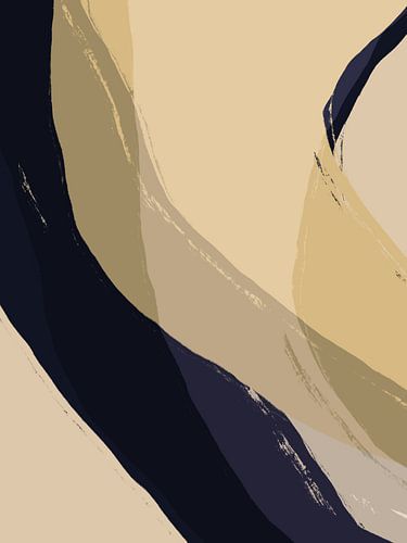 Abstracte vormen en lijnen in blauw, zwart, geel en wit.