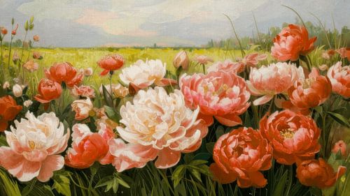 Un jardin fleuri enchanteur, avec des pivoines aux teintes chaudes de corail