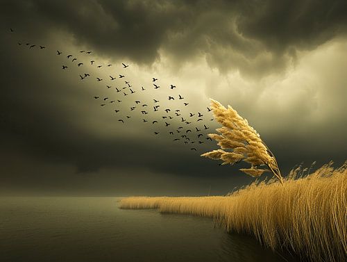 Before the Storm | Landscape Wall Art Featuring Birds and Reeds