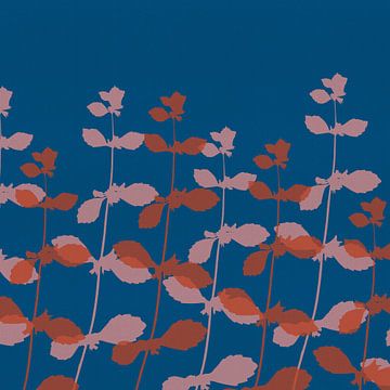 Moderne minimalistische botanische Kunst. Blätter in Rosa und Terrakotta auf Blau von Abstrakte minimalistische Kunst