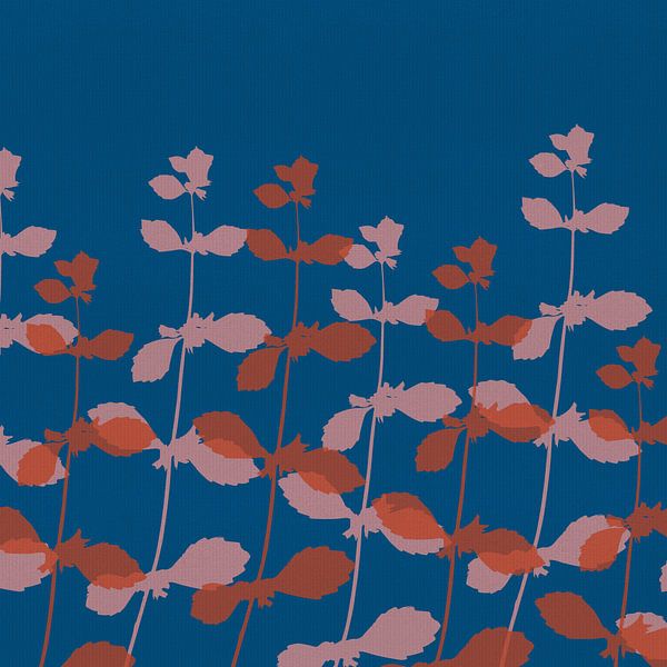 Moderne minimalistische botanische Kunst. Blätter in Rosa und Terrakotta auf Blau von Abstrakte minimalistische Kunst