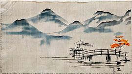 ZEN art: Orientalische Malerei einer nebligen Berglandschaft