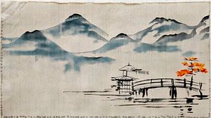 ZEN art: Orientalische Malerei einer nebligen Berglandschaft