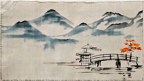 ZEN kunst: Oosters schilderij van mistig berglandschap