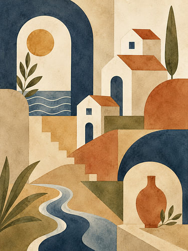 Mediterranean Blue Arches and Waves: A Graphic Coastal Cityscape