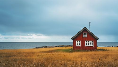 Scandinavische rode huis aan zee panorama