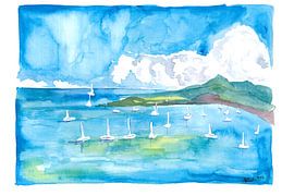 Yachten und Segelboote vor Anker in einer karibischen Bucht