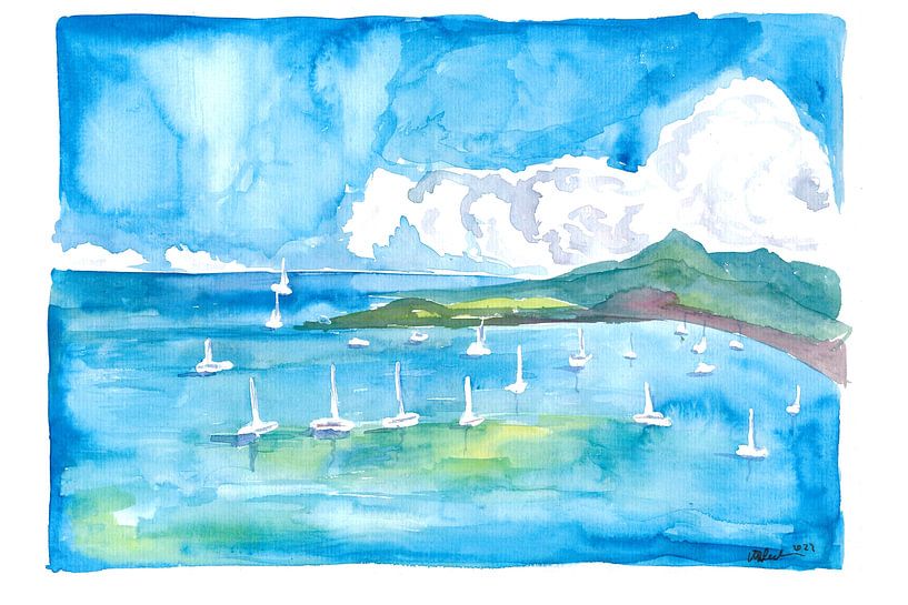 Jachten en zeilboten voor anker in een Caraïbische baai van Markus Bleichner