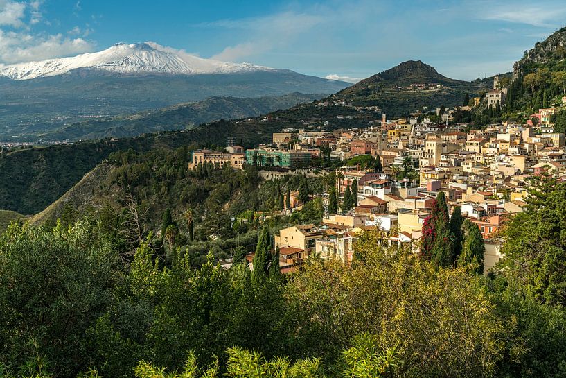 Taormina city view and Mount Etna volcano, Sicily, Italy, Europe | Taormina city view and Mount Etna by Peter Schickert