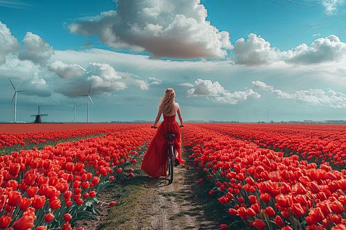 woman cycles through tulip field