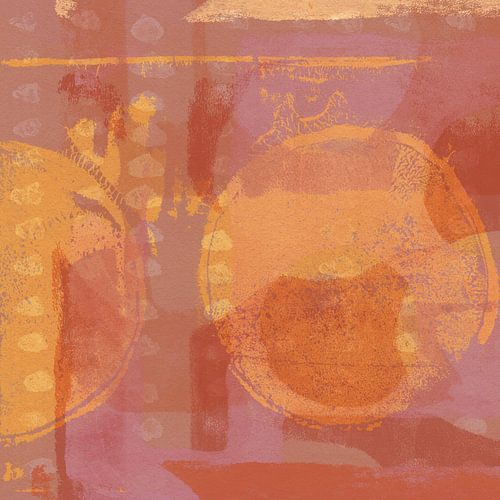 Abstracte vormen in oranje, paars, bruin.