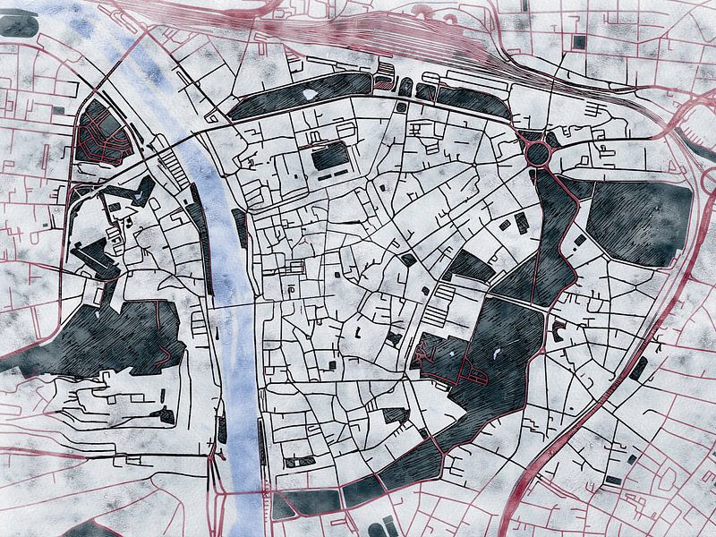 Map of Würzburg centrum with the style 'White Winter' by Maporia
