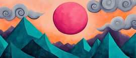 Paysage de montagne coloré avec soleil rose sur Poster Art Shop