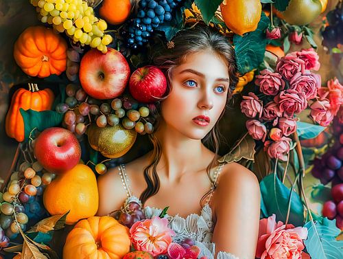 Femme avec des raisins et un bouquet de fleurs