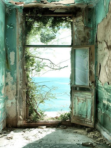 Lost place room open door sea view decay green coast