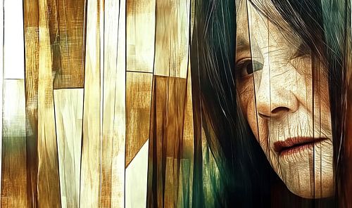Melancholische Japanse vrouw achter houten structuur