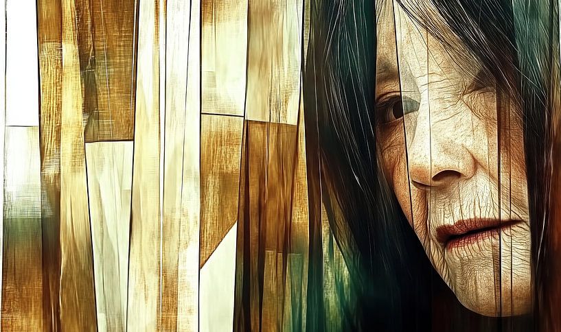 Melancholic Japanese woman behind wooden texture by Frank Heinz