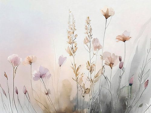 Japandi Art. Rustige Botanische illustratie in zachte tinten