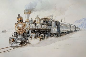 Gedetailleerde tekening  van een stoomtrein in een winters landschap van Peter Pen tekeningen en schilderijen