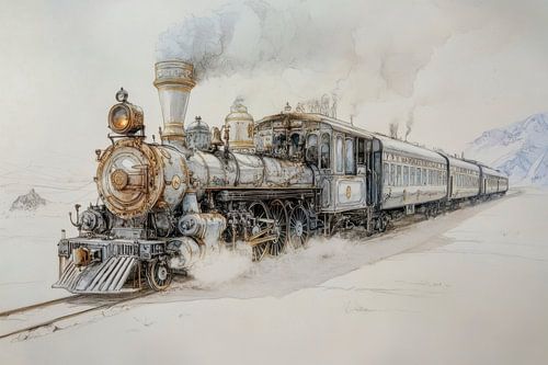 Detailed drawing of a steam train in a winter landscape