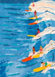 Illustration à l'aquarelle représentant des surfeurs chevauchant les vagues dans un océan d'un bleu éclatant sur Resin Std