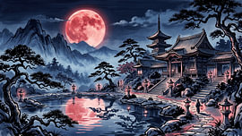 Un temple au clair de lune au bord du lac sur my pixel art