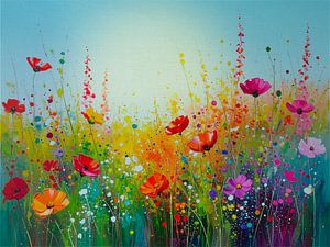 Mohnblumen und Wildblumen zwischen hohen Gräsern
