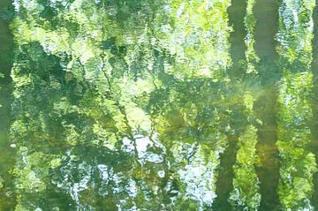 Spiegelingen (groene kleuren van bladeren weerspiegeld op het water) van Birgitte Bergman