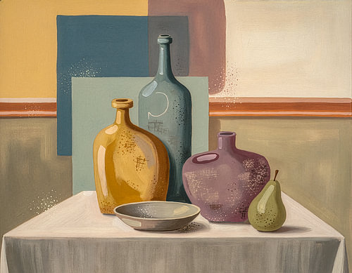 Abstract still life oil painting featuring bottles – art print on canvas