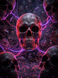 Cybernetic Skulls Floating Electrical Wires Neon Cyberpunk Dark Sci-Fi Graphic Design by Riswan Ratta