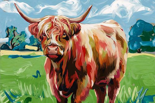 Kleurrijke Schotse hooglander op doek