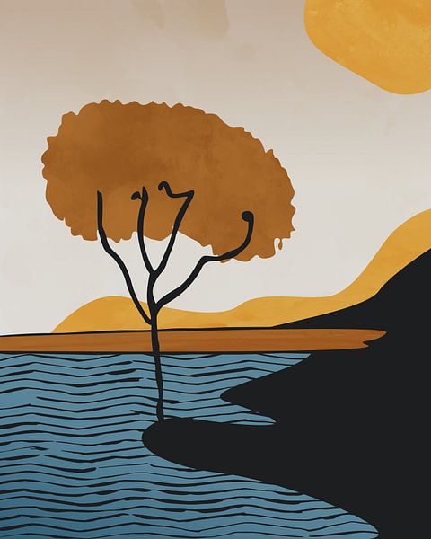 Tree in autumn minimalist landscape
