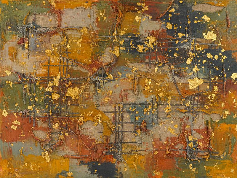 Industrial Abstract Painting in warm colours with gold by Studio Pieternel