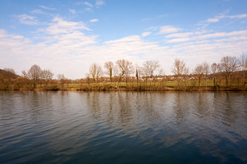 Neckar Fluss bei Sonnenschein und unter blauem Himmel mit Gras und Bäumen