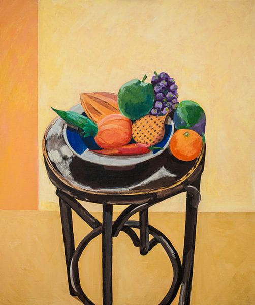 Wooden fruit on bar stool by Antonie van Gelder Beeldend kunstenaar