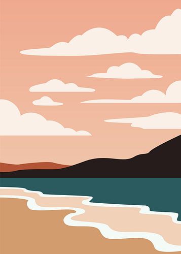 Affiche représentant des paysages côtiers minimalistes avec des vagues de plage dans des tons chauds et terreux