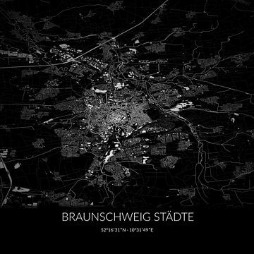 Zwart-witte landkaart van Braunschweig Städte, Niedersachsen, Duitsland. van Rezona