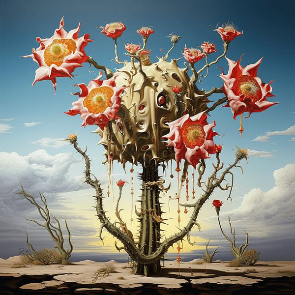 Blühender Kaktus rote Blüten surreale Wüste Sand Landschaft von gm_designs