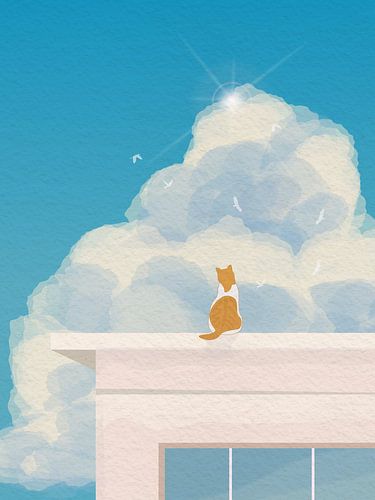 Minimal art of cat on top of building with view by RickyAP